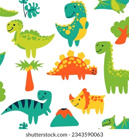 Vector seamless color repeating pattern with dinosaurs and tropical elements in a bright cartoon style. Children's seamless pattern with hand-drawn dinosaurs. Vector illustration of dinosaurs