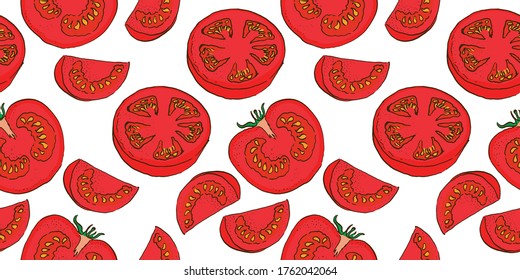 Vektornahtlose Farbskizze mit dem handgezeichneten Schnitt von Tomaten