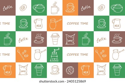 Vector seamless colored checkered pattern with hand-drawn elements in cartoon style. Pattern for textile, wrapping paper with coffee accessories.