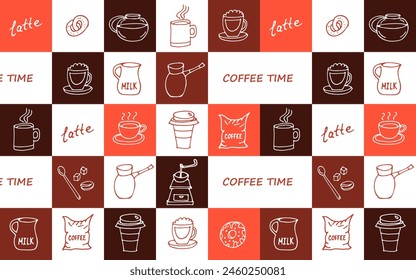 Vector seamless colored checkered pattern with hand drawn coffee accessories in cartoon style.
Coffeeware in brown, red and white colors. Pattern for textile, wrapping paper with coffee accessories.