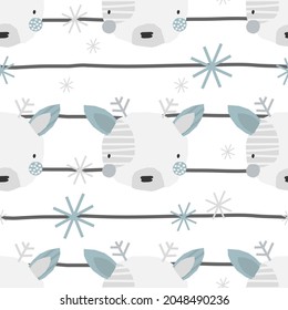 Vector seamless colored Christmas New Year winter pattern with cute deer, snowflakes on a striped background. Children's holiday print with deer. Kids texture for fabric, cards, wrapping paper.