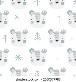 Vector de color transparente Navidad Año Nuevo patrón de invierno con oso lindo, copos de nieve en un fondo blanco. Impresión de vacaciones para niños con oso. Textura infantil para tela, tarjetas, papel de envoltura.