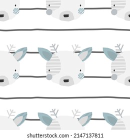 Vector seamless colored Christmas New Year winter pattern with cute deer on a striped background. Children's holiday print with deer. Kids texture for fabric, cards, wrapping paper.