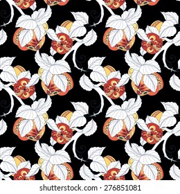 Vector Seamless Colored Fruit Pattern. Hand Drawn Decorative Branch of Apple Tree