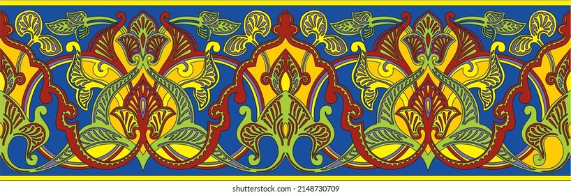 Vector seamless colored gold arabic national ornament, border, frame. Endless vegetable
Pattern of eastern peoples of Asia, Africa, Persia, Iran, Iraq.
