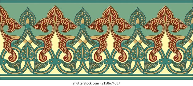 Vector seamless colored gold arabic national ornament, border, frame. Endless vegetablePattern of eastern peoples of Asia, Africa, Persia, Iran, Iraq.