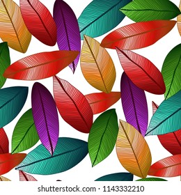 Vector seamless colored leaves with degrade effect on white background. Foliage