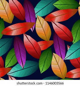 Vector seamless colored leaves with degrade effect on black background. Foliage.