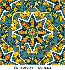 Vector Seamless Colored Ornate Pattern. Hand Drawn Mandala Texture, Vintage Indian Style