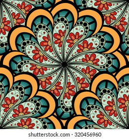 Vector Seamless Colored Ornate Pattern. Hand Drawn Mandala Texture, Vintage Indian Style