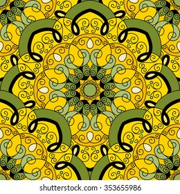Vector Seamless Colored Ornate Pattern. Hand Drawn Mandala Texture, Vintage Indian Style