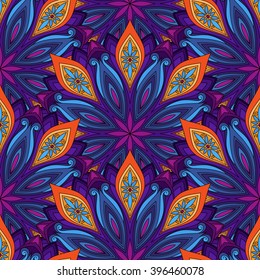 Vector Seamless Colored Ornate Pattern. Hand Drawn Mandala Texture, Vintage Indian Style