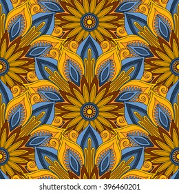 Vector Seamless Colored Ornate Pattern. Hand Drawn Mandala Texture, Vintage Indian Style