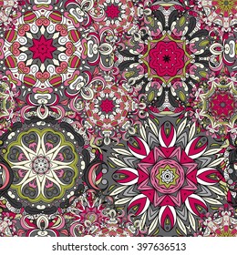 Vector Seamless Colored Ornate Pattern. Hand Drawn Mandala Texture, Vintage Indian Style