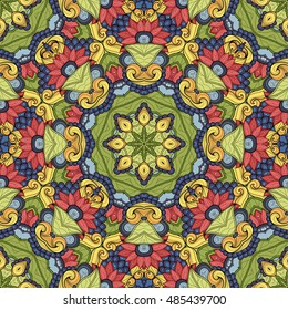 Vector Seamless Colored Ornate Pattern. Hand Drawn Mandala Texture, Vintage Indian Style