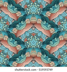 Vector Seamless Colored Ornate Pattern. Hand Drawn Mandala Texture, Vintage Indian Style
