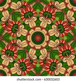 Vector Seamless Colored Ornate Pattern. Hand Drawn Mandala Texture, Vintage Indian Style