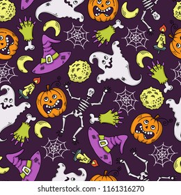 Vector seamless colored pattern on the theme of Happy Halloween
