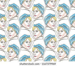 Vector seamless colored pattern with women's faces on white background. Pattern on the theme of beauty and fashion
