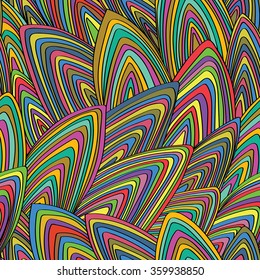 Vector, seamless, colorful, abstract background. Lines create the illusion of movement. Stylized psychedelic seashells. Striped bright pattern.