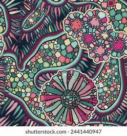 Vector seamless colorful abstract organic pattern. Abstract background in biological style. Macro image, plants, magnified under a microscope