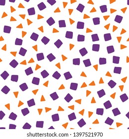 Vector seamless colorful abstract pattern. Hand-drawn random placed orange triangle and violet square texture isolated on white. Freehand drawing. Wallpaper, fabric, textile, wrapping paper design
