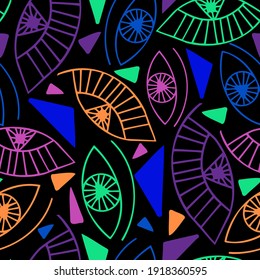 Vector seamless colorful abstract pattern of lined ornamental bright eye shapes on black. Mysterious graphic illustration. The design is perfect for backgrounds, textiles, surfaces, wrapping paper