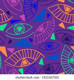 Vector seamless colorful abstract pattern of lined ornamental bright eye shapes on purple. Mysterious graphic illustration. The design is perfect for backgrounds, textiles, surfaces, wrapping paper