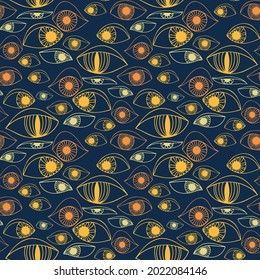 Vector seamless colorful abstract pattern of lined ornamental bright eye shapes on black. Mysterious graphic illustration. The design is perfect for backgrounds, textiles, surfaces, wrapping paper
