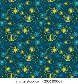 Vector seamless colorful abstract pattern of lined ornamental bright eye shapes in blue tones. Mysterious illustration. The design is perfect for backgrounds, textiles, surfaces, wrapping paper