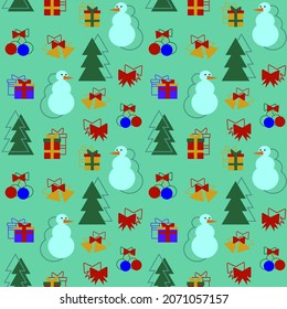 Vector seamless colorful abstract pattern. Christmas trees, balls, red, blue, yellow gift boxes, red ribbons, bells on green background  for wrapping paper, wallpaper, post cards, textile