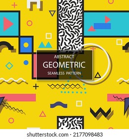 Vector seamless colorful abstract pattern with creative geometric shapes. Bright trendy design, fashion retro style 80 - 90s. Artistic yellow background