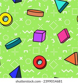 Vector seamless colorful abstract pattern with creative 3d geometric shapes. Bright trendy green design, fashion retro style 80 - 90s. Art fun background. Vibrant fabric print