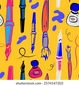 Vector seamless colorful abstract pattern with blots, pens, brushes, ink. Lines dynamic shapes in pink, yellow Template Illustration for trending design Hand drawn groovy, funky, unique print EPS 10.