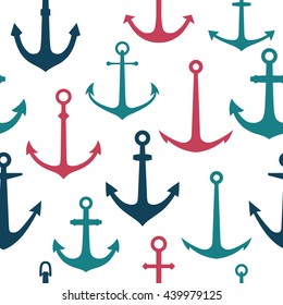 Vector seamless colorful anchors pattern, marine background