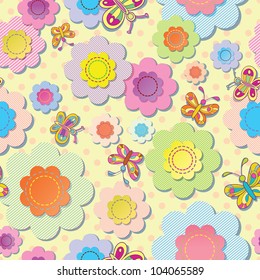 vector seamless colorful background. Application of flowers and butterflies. Sewing thread.