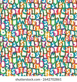 Vetor fundo colorido sem costura com fonte geométrica humorística simples e grossa sobre o tema de férias e festa. Letras e números do alfabeto latino. Têxtil, tecido, papel de parede, papel de embrulho, azulejo