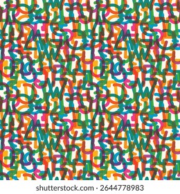 Vetor fundo colorido sem costura com fonte geométrica humorística simples e grossa sobre o tema de férias e festa. Letras e números do alfabeto latino. Têxtil, tecido, papel de parede, papel de embrulho, azulejo