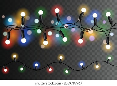 Vector seamless colorful christmas light garland pattern on dark background