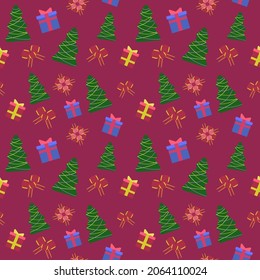 Vector seamless colorful Christmas pattern. Christmas trees, blue and red gift boxes, red ribbons on dark red background for wrapping paper, wallpaper, post cards, textile, fabric.