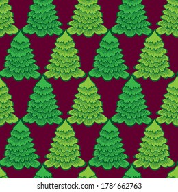 Vector seamless colorful design with decorative triangular fir trees on red