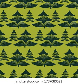Vector seamless colorful design with decorative triangular fir trees on red