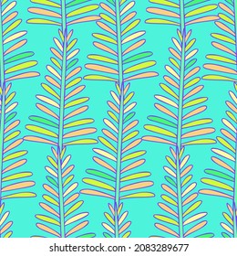 Vector seamless colorful design with decorative abstract triangular fir trees in green and blue tones. The design is perfect for decorations, textiles, surfaces, backgrounds, wrapping paper