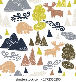 Vector seamless colorful design with mountains, moose and bears in a forest. Cute decorative background design. Perfect for maps, decorations, textiles, surfaces, backgrounds, sheets, cushions