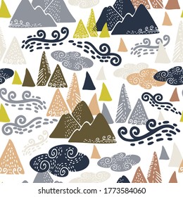 Vector seamless colorful design with mountains, clouds and wind in a forest. Cute decorative background design. Perfect for maps, decorations, textiles, surfaces, backgrounds, sheets, cushions