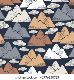 Vector seamless colorful design with mountains, clouds and wind