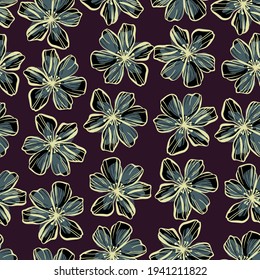 Vector seamless colorful design pattern botanical elegant lined flowers in dark colors. Cute circle frame on a white background. Perfect for textiles, wrapping paper, wallpaper