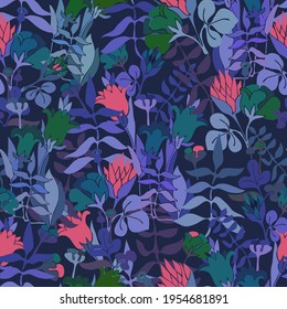 Vector seamless colorful design pattern botanical cute spring herbs and flowers in cold blue and pink tones. Cute circle frame on a white background. Perfect for textiles, wrapping paper, wallpaper
