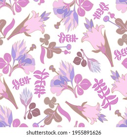 Vector seamless colorful design pattern botanical cute spring herbs and flowers in pastel pink tones. Cute circle frame on a white background. Perfect for textiles, wrapping paper, wallpaper