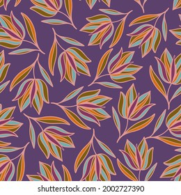 Vector seamless colorful design pattern botanical cute spring herbs and flowers on purple. Cute circle frame on a white background. Perfect for textiles, wrapping paper, wallpaper